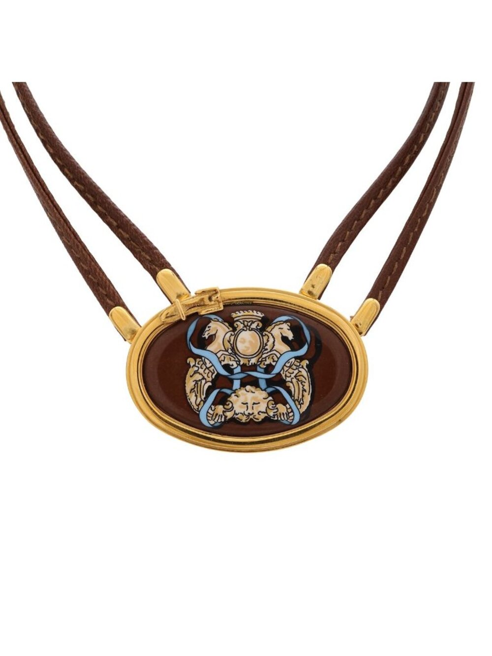 Hermes Enamel Horse Motif Choker Necklace Leather Cord Brown Gold